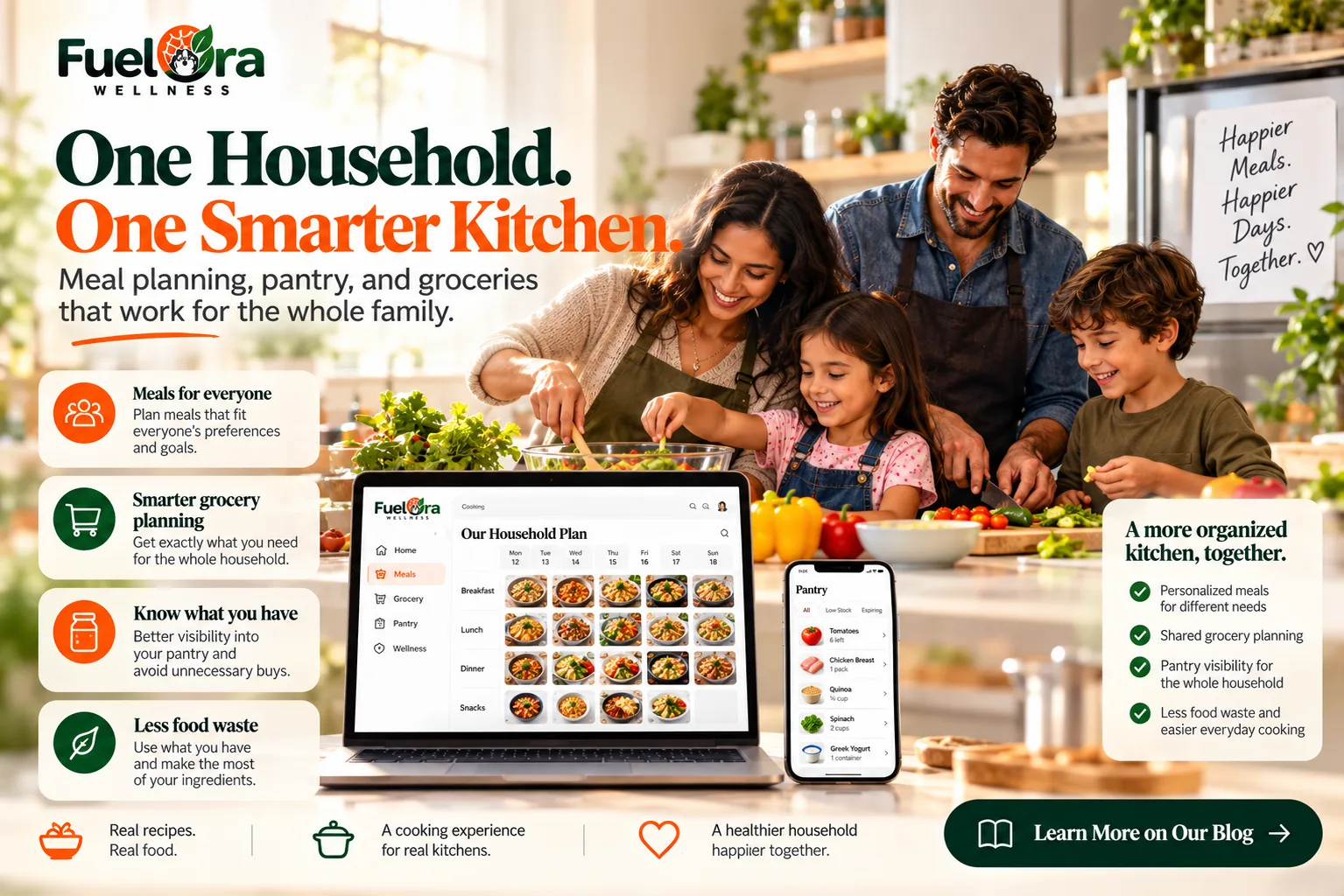 FuelOra Household Wellness bringing family meal planning, grocery organization, pantry awareness, and healthy cooking together