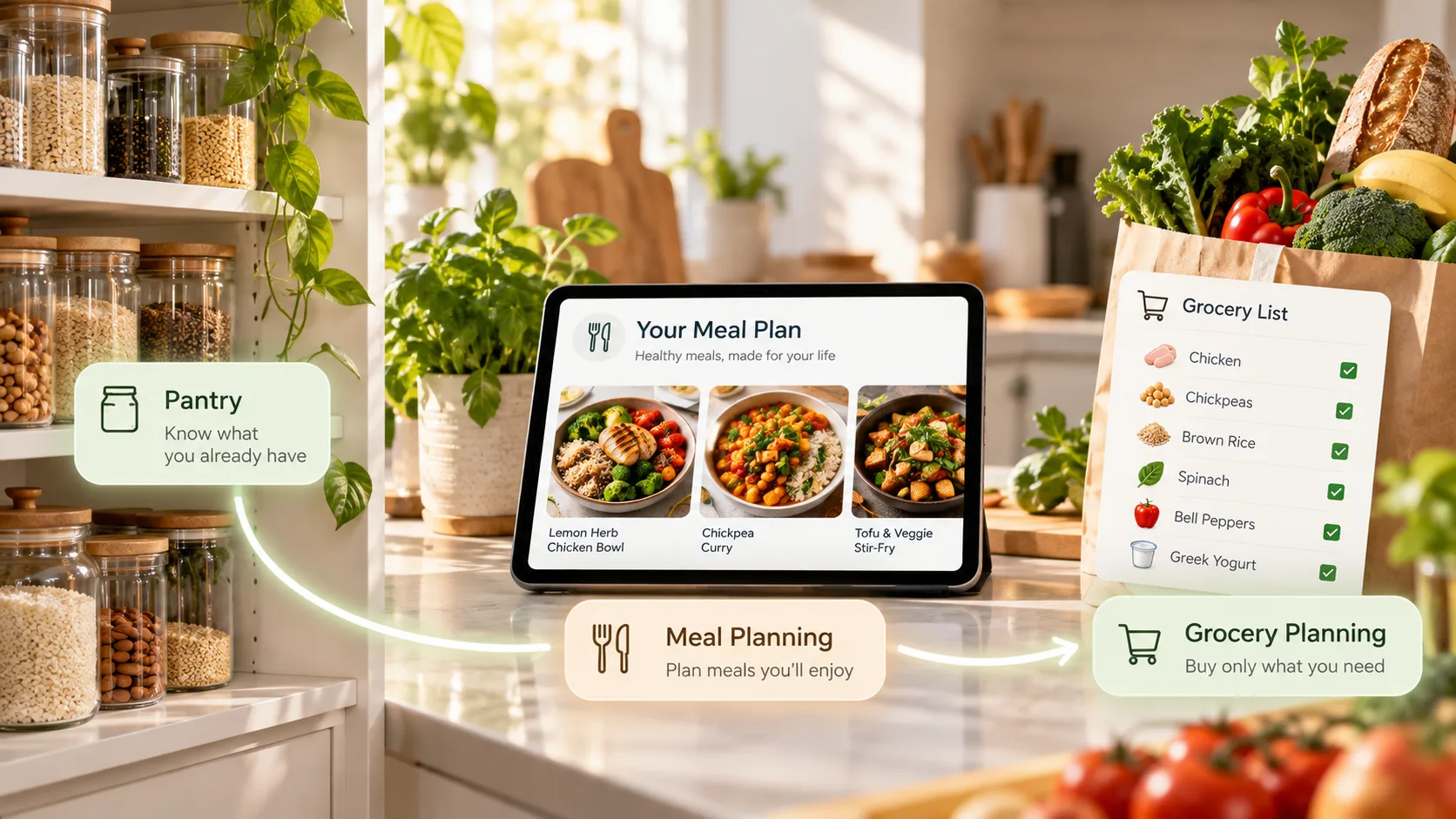Pantry inventory connects to a meal plan and grocery checklist, showing how to buy only the ingredients needed.