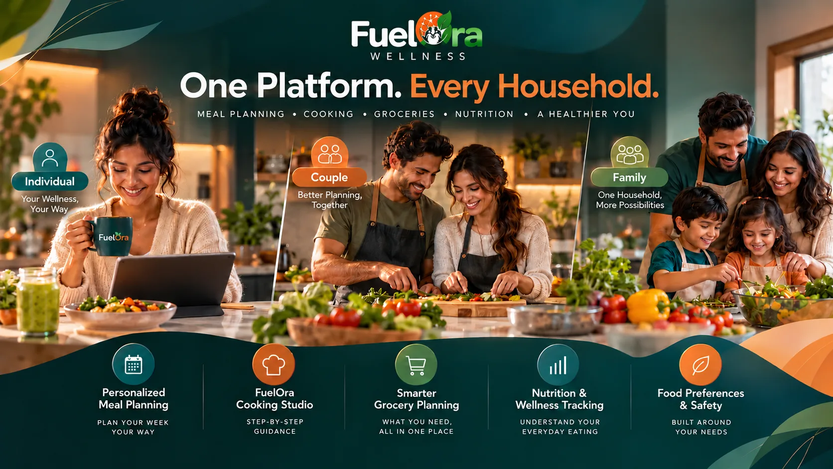 FuelOra Wellness subscription plans for individuals, couples, and families, featuring personalized meal planning, Cooking Studio, smart grocery planning, nutrition tracking, and food preferences in a modern kitchen setting.
