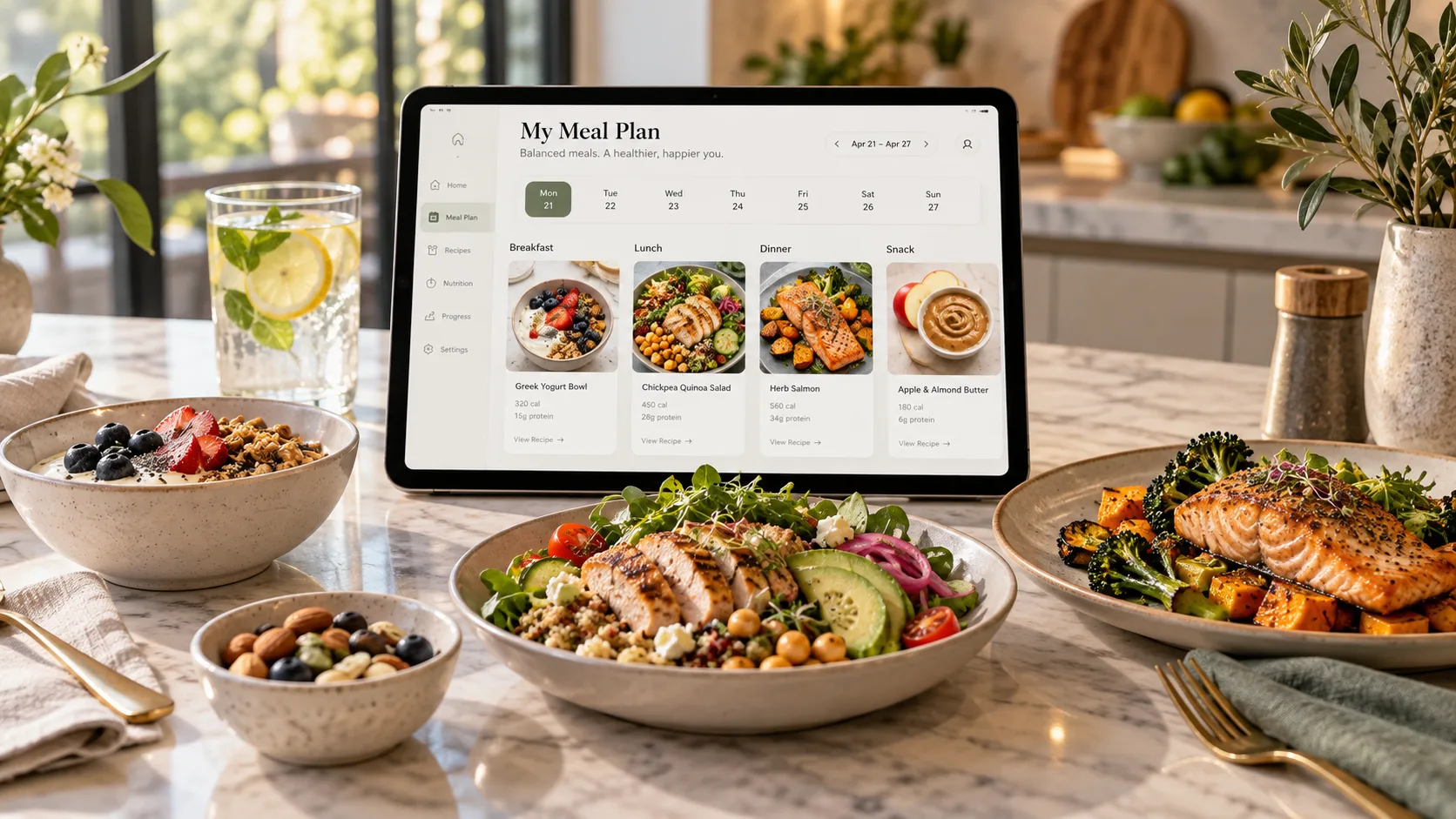 A personalized weekly meal plan with balanced meals in different portion sizes based on individual needs.