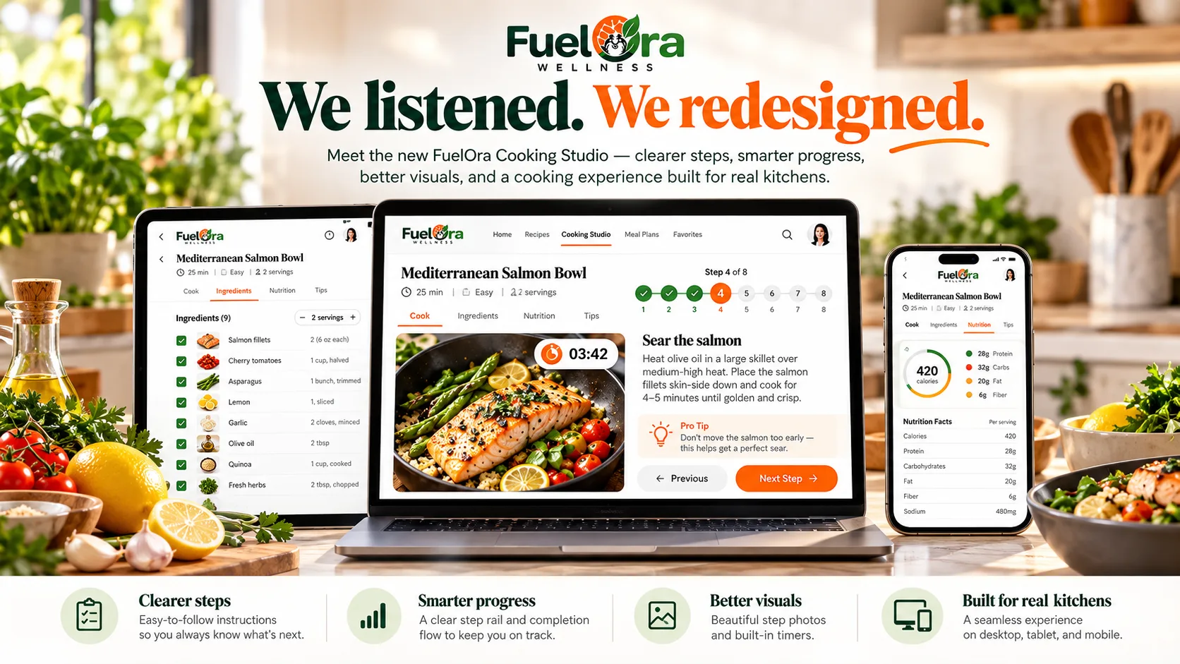 FuelOra Cooking Studio redesigned guided cooking experience with step-by-step instructions, recipe imagery, progress tracking, and cooking controls.