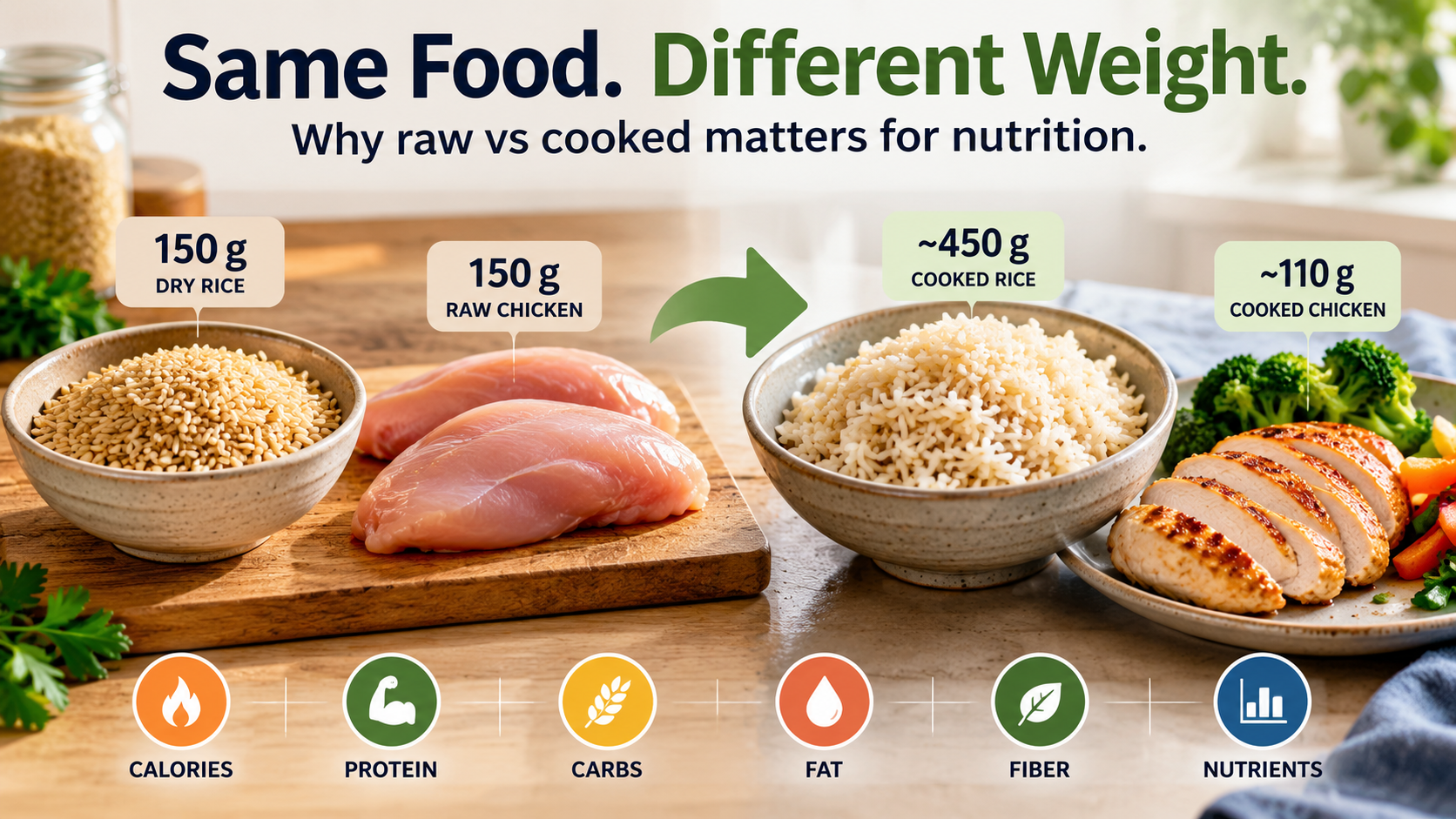 A comparison of raw and cooked everyday foods such as rice, chicken, pasta, and vegetables, illustrating how preparation changes food weight and nutrition per gram.