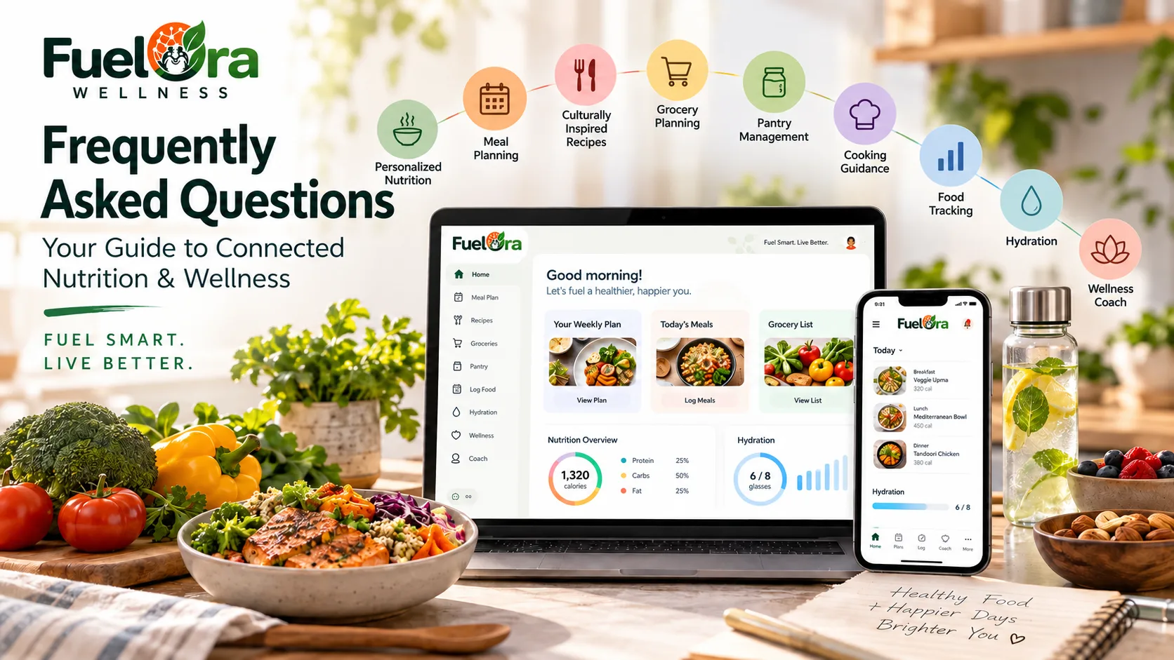 FuelOra Wellness connected nutrition and wellness experience featuring personalized nutrition, culturally inspired food, meal planning, cooking guidance, grocery and pantry management, hydration, and wellness tracking.